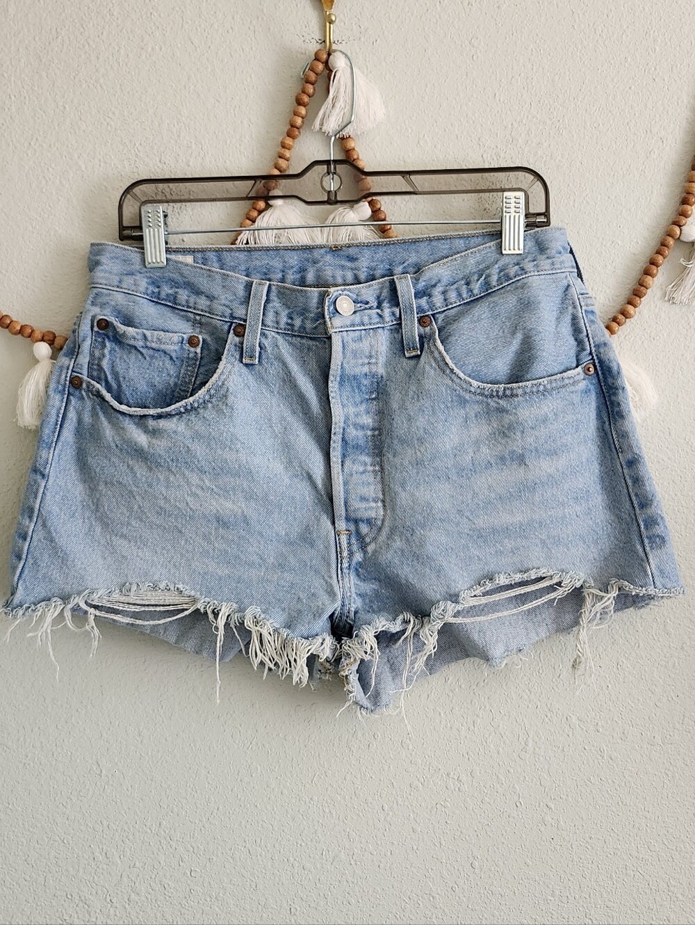 Levis 501 Light Wash Distressed Denim Shorts